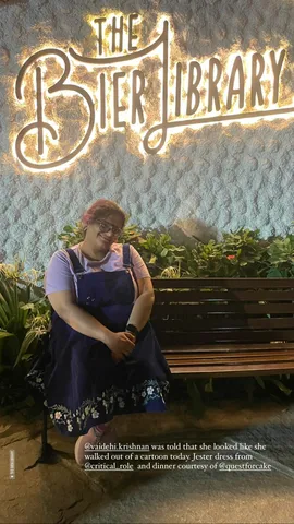 @vaidehi.krishnan was told that she looked like she walked out of a cartoon today. Jester dress from @critical_role  and dinner courtesy of @questforcake