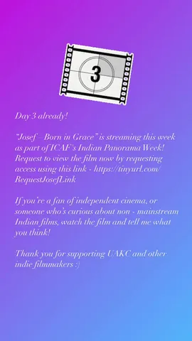 Day 3 already! 

"Josef – Born in Grace" is streaming this week as part of ICAF's Indian Panorama Week!
Request to view the film now by requesting access using this link - https://tinyurl.com/RequestJosefLink

If you're a fan of independent cinema, or someone who's curious about non - mainstream Indian films, watch the film and tell me what you think! 

Thank you for supporting UAKC and other indie filmmakers :)